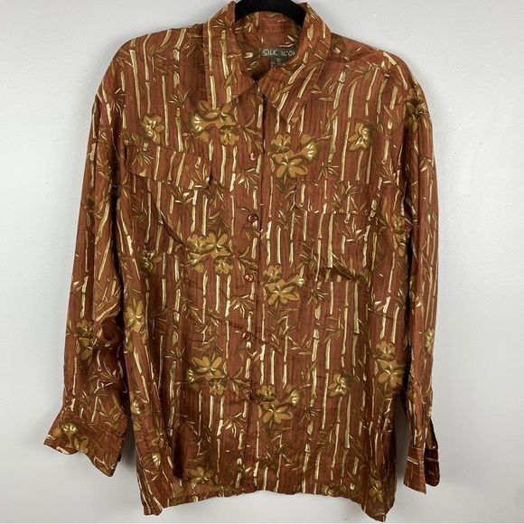 Silk Icon Brown Silk Bamboo Novelty Print Button Down Shirt Medium - Picture 2 of 10